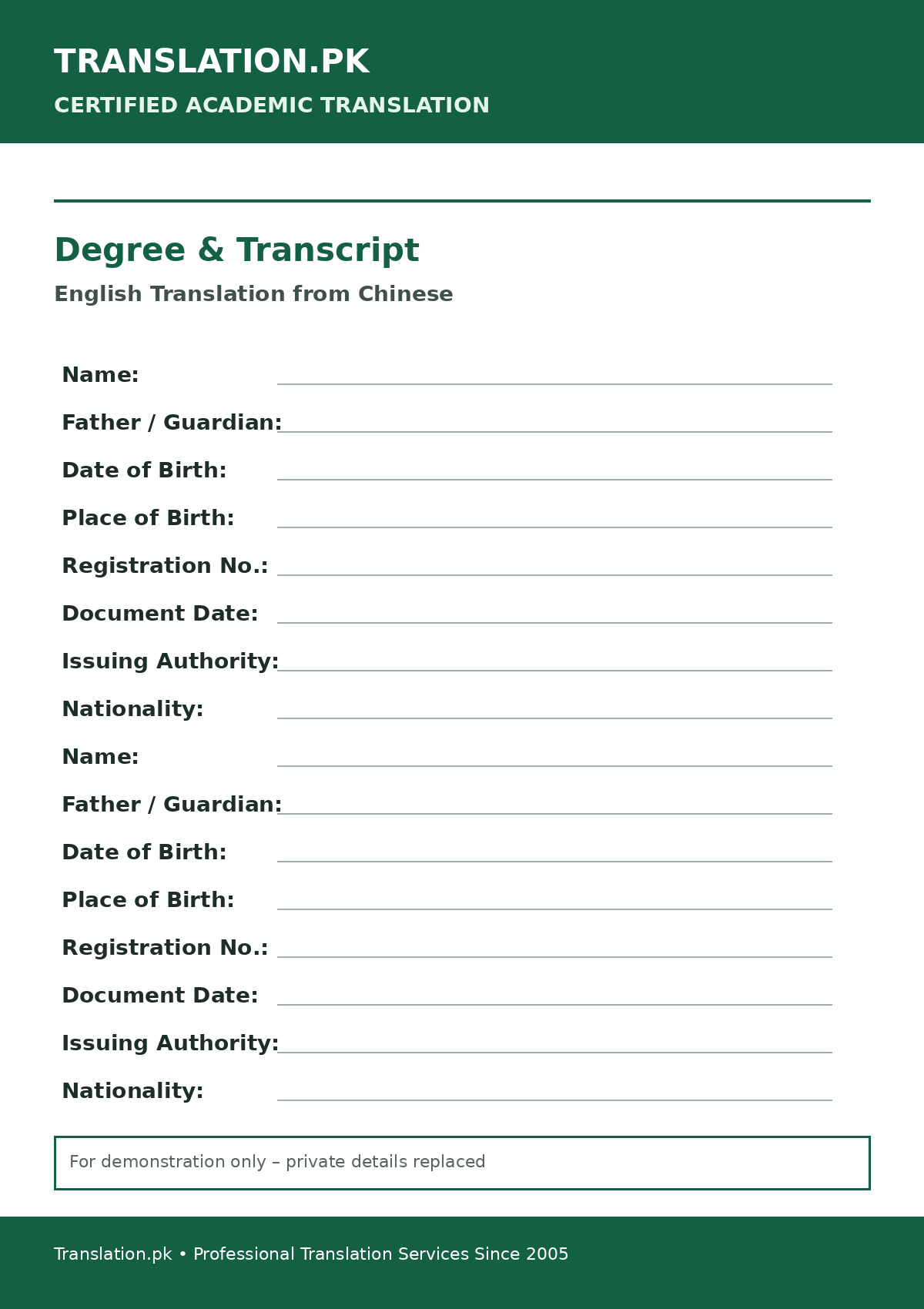 Cropped sample of an academic transcript translation
