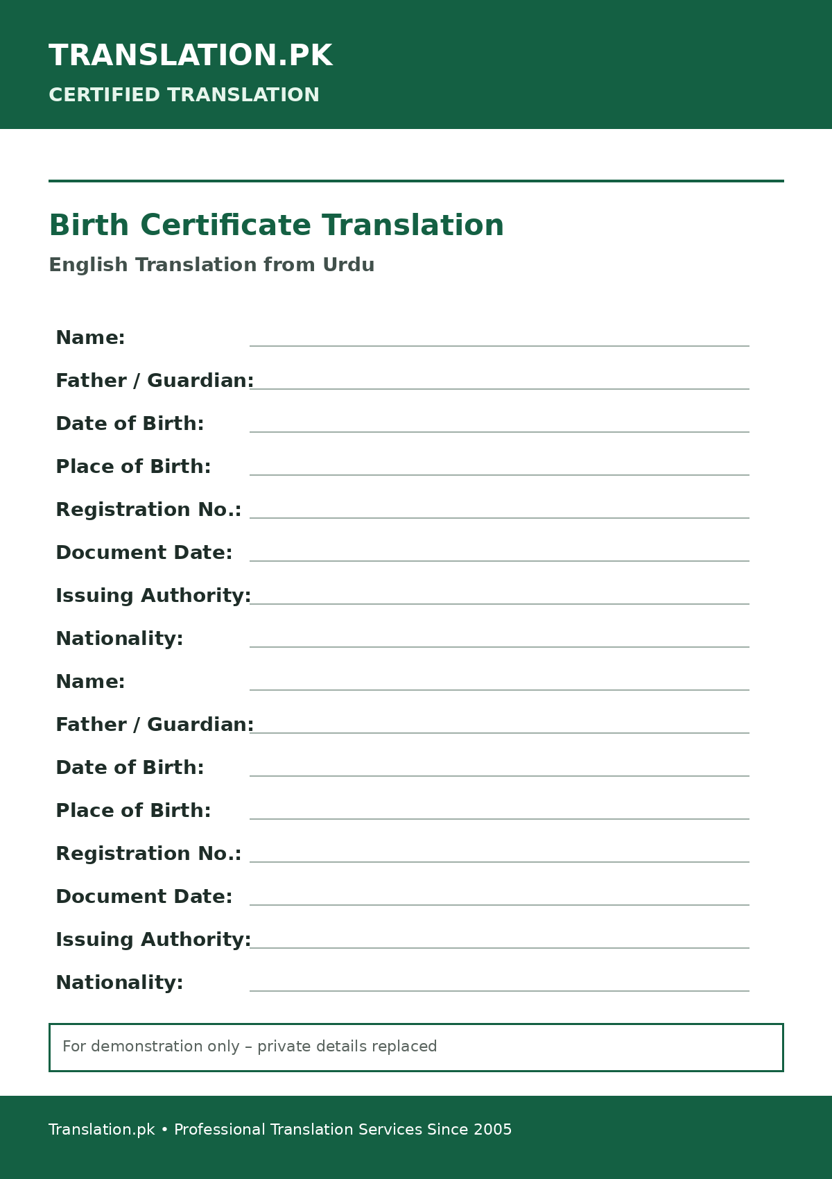 Cropped sample of a certified birth certificate translation