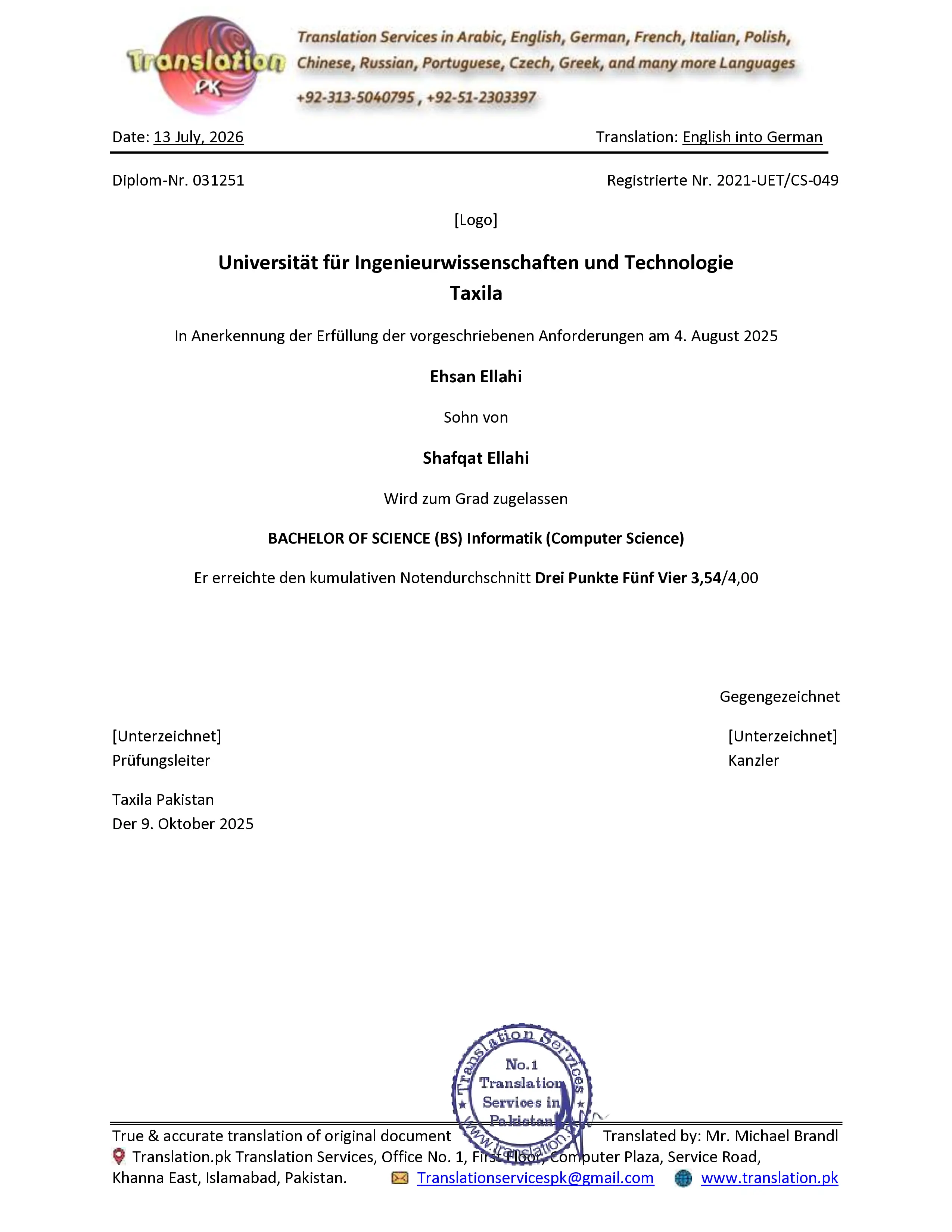 Cropped sample of a certified degree german translation