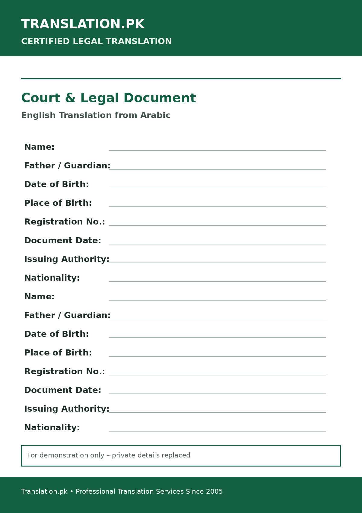 Cropped sample of a certified legal document translation